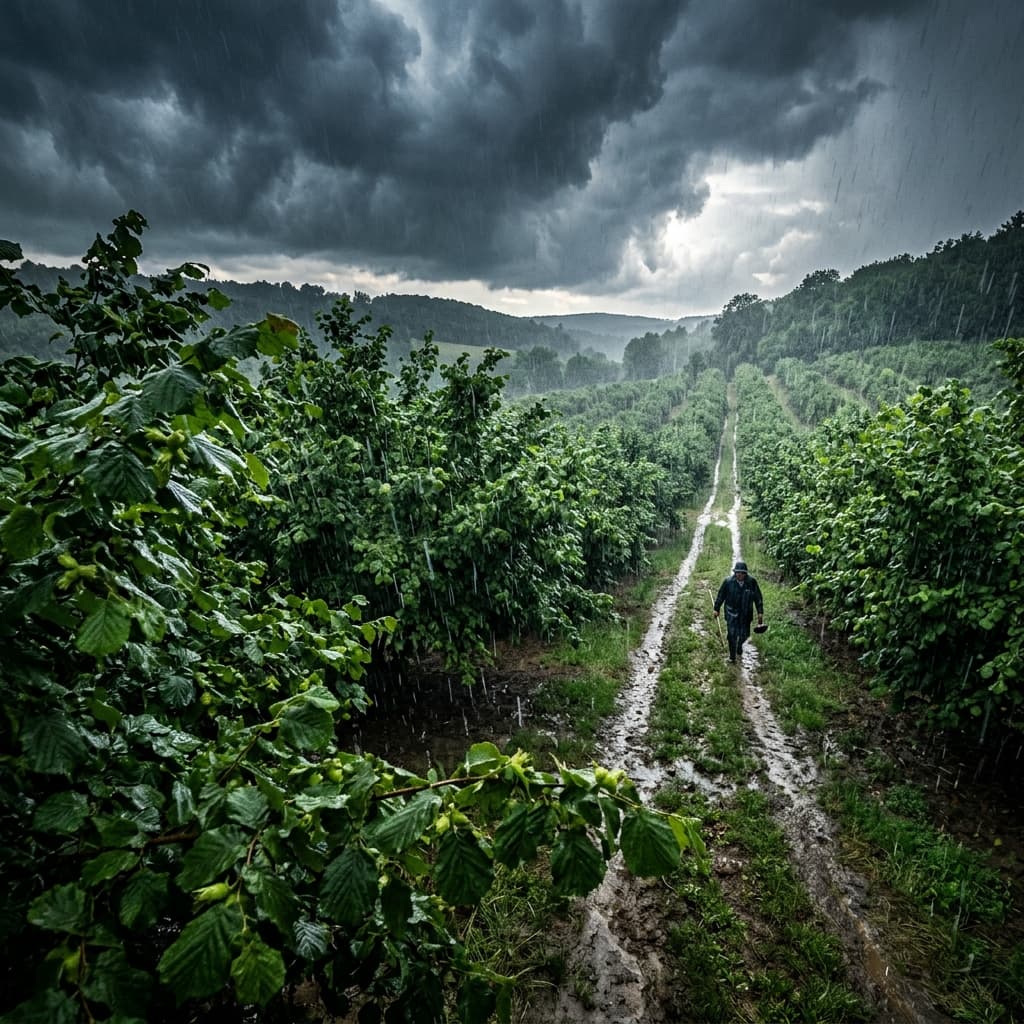 Rain pouring on hazelnut orchard