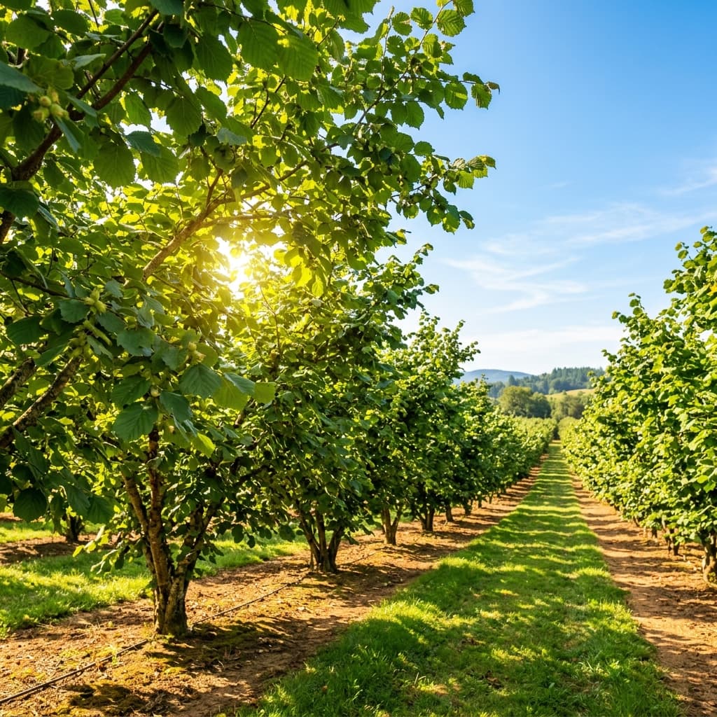 Bright sunny hazelnut orchard